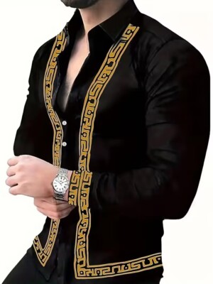 Camisas Botones Talla Grande Hombre Manga Larga Negro Ribete Amarillo Informal