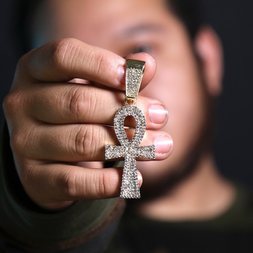Thin Egyptian Ankh Pendant Iced Cubic 