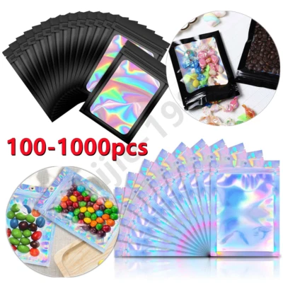 100-1000pcs Holographic Rainbow Zip Lock Seal Bags Mylar Foil Bag Pouches