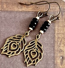 Bronze Dangle Etched Heart Feather Earrings. Black Rondell Beads. Boho Chic