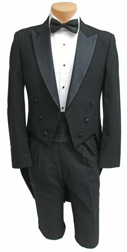 Boy's Black Tuxedo Tailcoat 100% Wool Satin Peak Lapels Wedding Ring Bearer