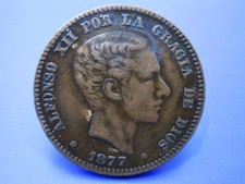 SPAIN  10 CENTIMES COIN 1877 (OM)  / SNIFF'S  ANCIENT COINS T-4