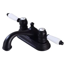 Black Polished Centerset Faucet 4" L White Double Handles Labeled Hot and Cold
