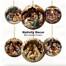 6 pcs Vintage Birth of Jesus, Handcrafted 2D Hanging Christmas Ornaments D�cor