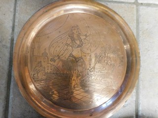 ANTIQUE COPPER 11.5" PLATE SIGNED ORAN ALGERIA 1945 CAIRO AND BELLY DANCER
