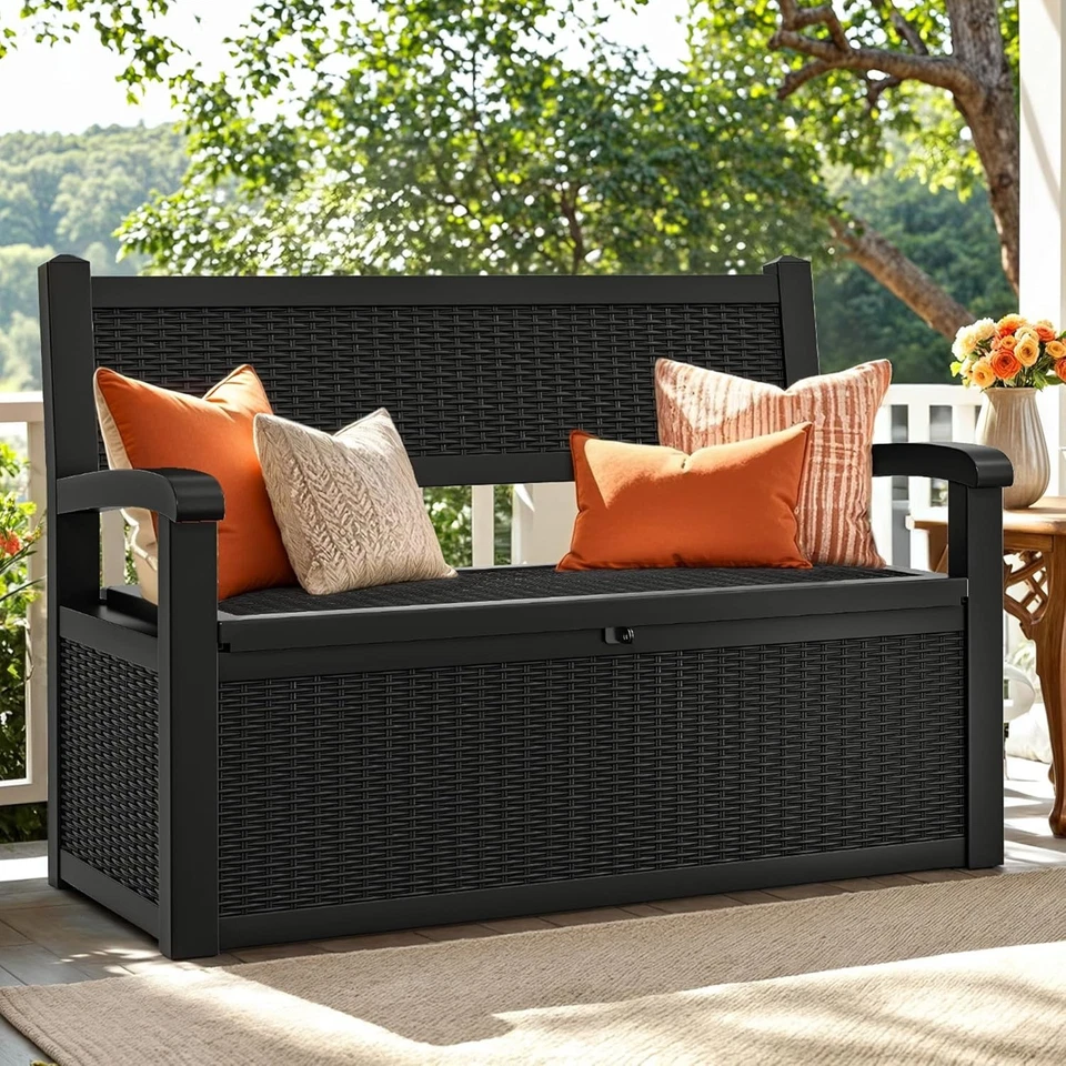 70 Gallon Lockable Outdoor Storage Bench with Armrests For Patio & Garden - Image 3 of 4