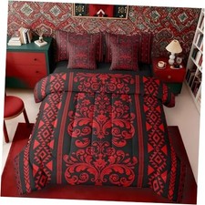 Victorian Decor Western Size Comforter Set with Sheets - Damask 7 King Red