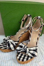 Kate Spade New York Tianna Wicker Gingham Wedge Sandals UK 6.5 Bow Black/White