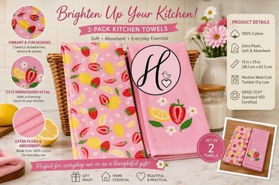 Crofton Set Of 2 Summer Decor BBQ Strawberry & Lemon Pink Kitchen Towels