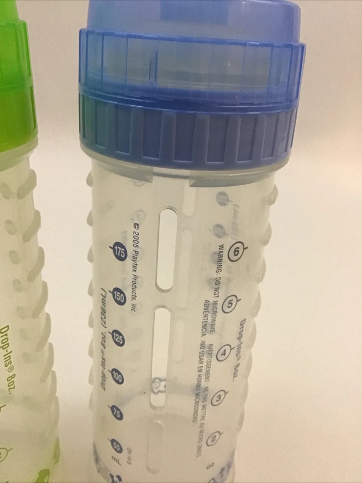 Lote de 2 biberones Playtex verde claro diseño azul gotas bolsa tapa pezón 8 oz Foto 4 de 4