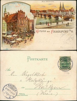 Litho Postcard Frankfurt (Oder) greeting from... market, market bustle, Oder bridge 1903