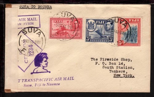 FIJI 1941 SUVA TRANSPACIFIC CENSOR AIRMAIL COVER to USA GEORGE VI 5d BLUE CANE