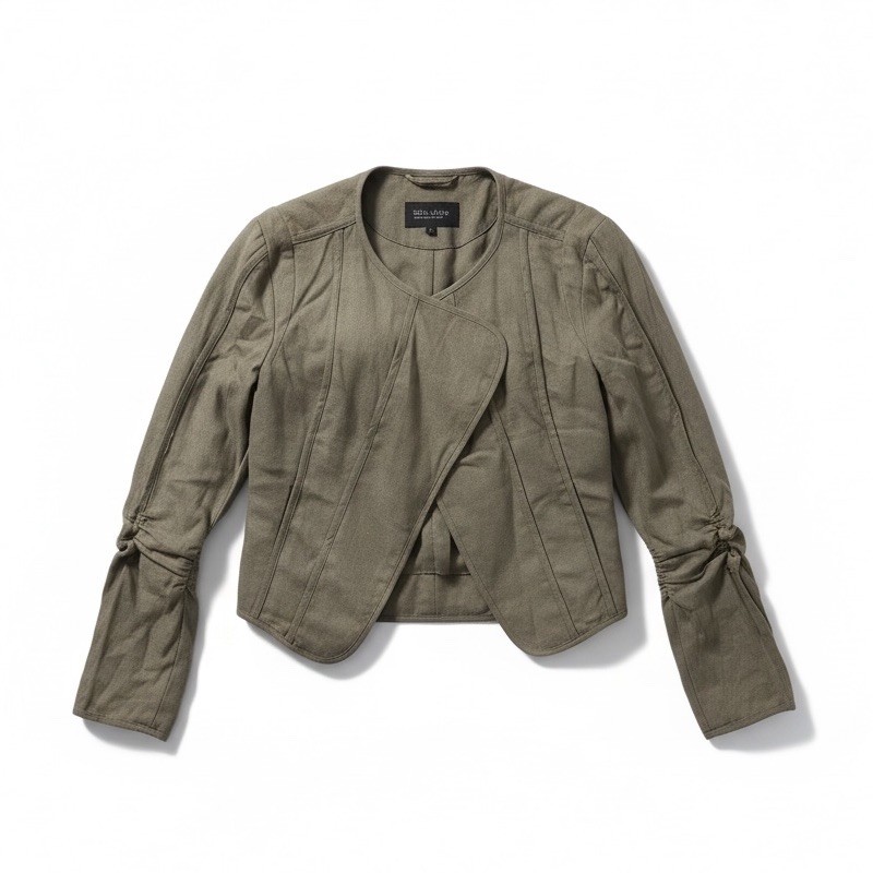 SPICY Dina Shaker Green Linen Open Cropped Natural Coastal Modernist Jacket L