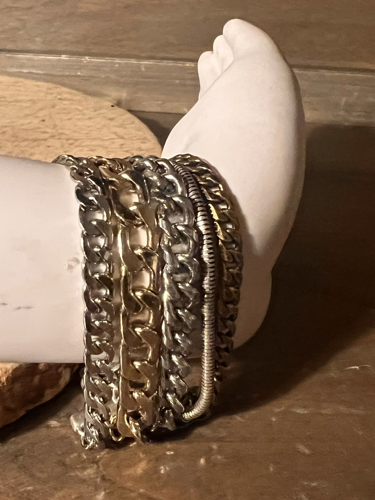 Vintage Jenny Bird 5 Chain Bracelet Chrome Silver Designer Signed 5.5-7.5”