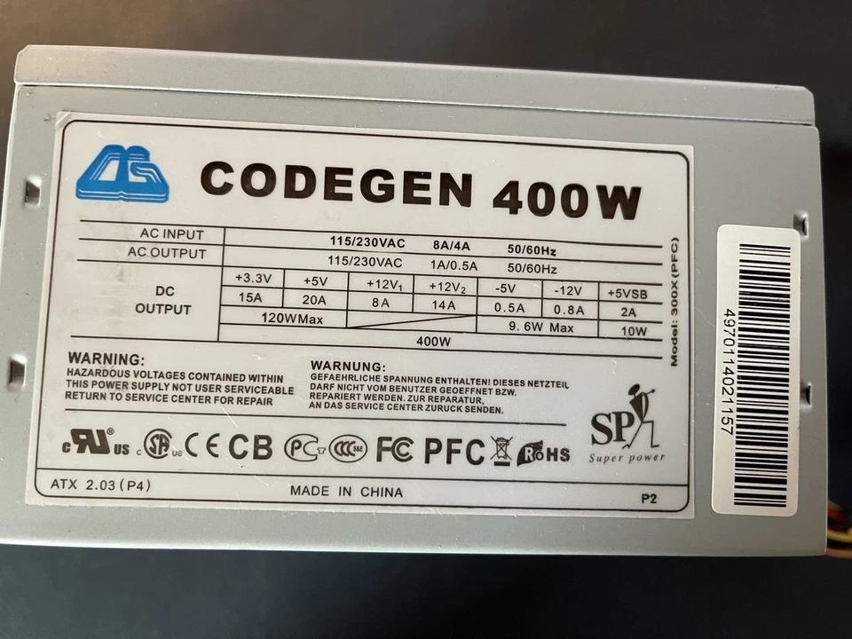 Netzteil - CODEGEN 400 W - ATX 2.03 (P4) - gebraucht - Bild 2 von 3