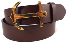 EUC Vineyard Vines Brown 3mm Leather 1 3/8" Belt Sz 32 Large Brass Anchor Buckle