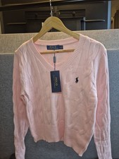 Image of Ralph Lauren Sport Women's Pink Cotton Cable Knit V-Neck Jumper Size M