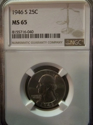 1946-S WASHINGTON SILVER QUARTER 25c COIN (NGC-Graded MS65), Blast White!