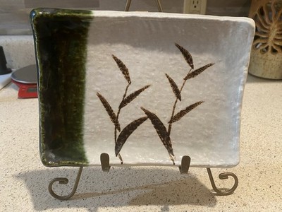 Japanese Studio Pottery Sushi Plate Tan And Green With Hand-painted Bamboo