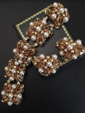 Conjunto de joyas vintage LERU ámbar estrás perla chapada en oro pulsera pendientes