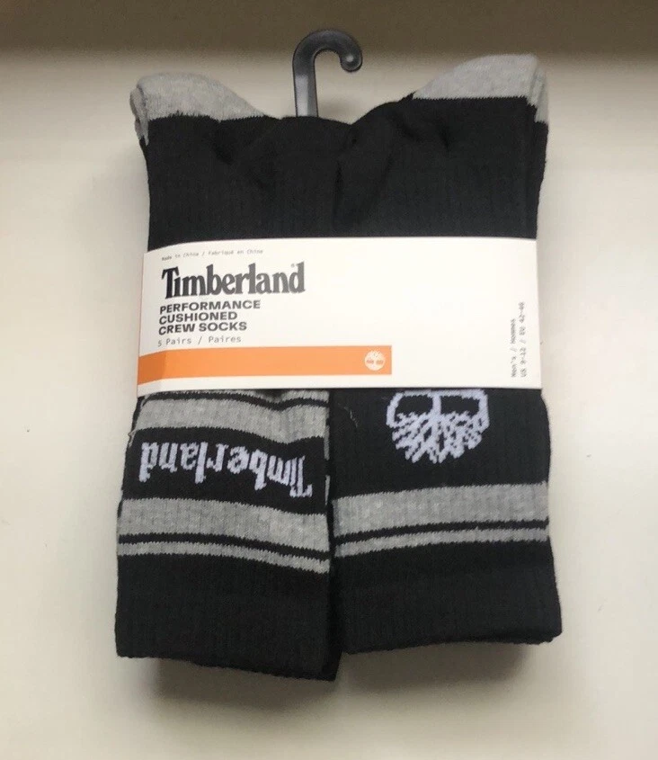 New Timberland Socks 5 Pair Package Mens Black Cushioned Crew Socks Shoe Sz 9-12