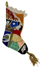 Vintage CRAZY QUILT Christmas Stocking EMBELLISHED Cutter Quilt