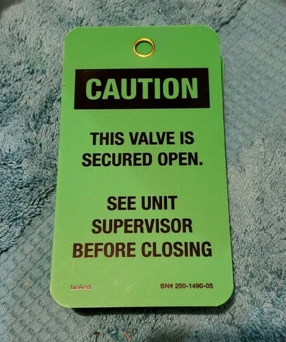 Green Plastic Caution Valve is Secured Open Tag Approx 5 1/2" x 3 1/4" Qty 25 - product listing photo