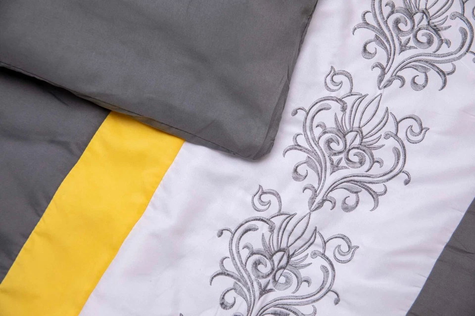 Juego de edredón de microfibra a rayas de 7 piezas con diseño bordado amarillo gris Foto 3 de 4