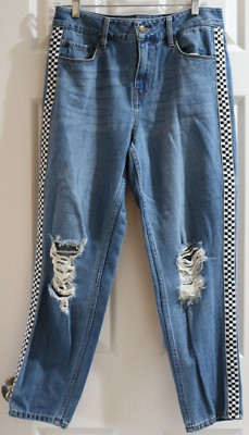 Empyre Eileen Mom Jean Checkerboard Side Stripe Distressed Jeans, Size 