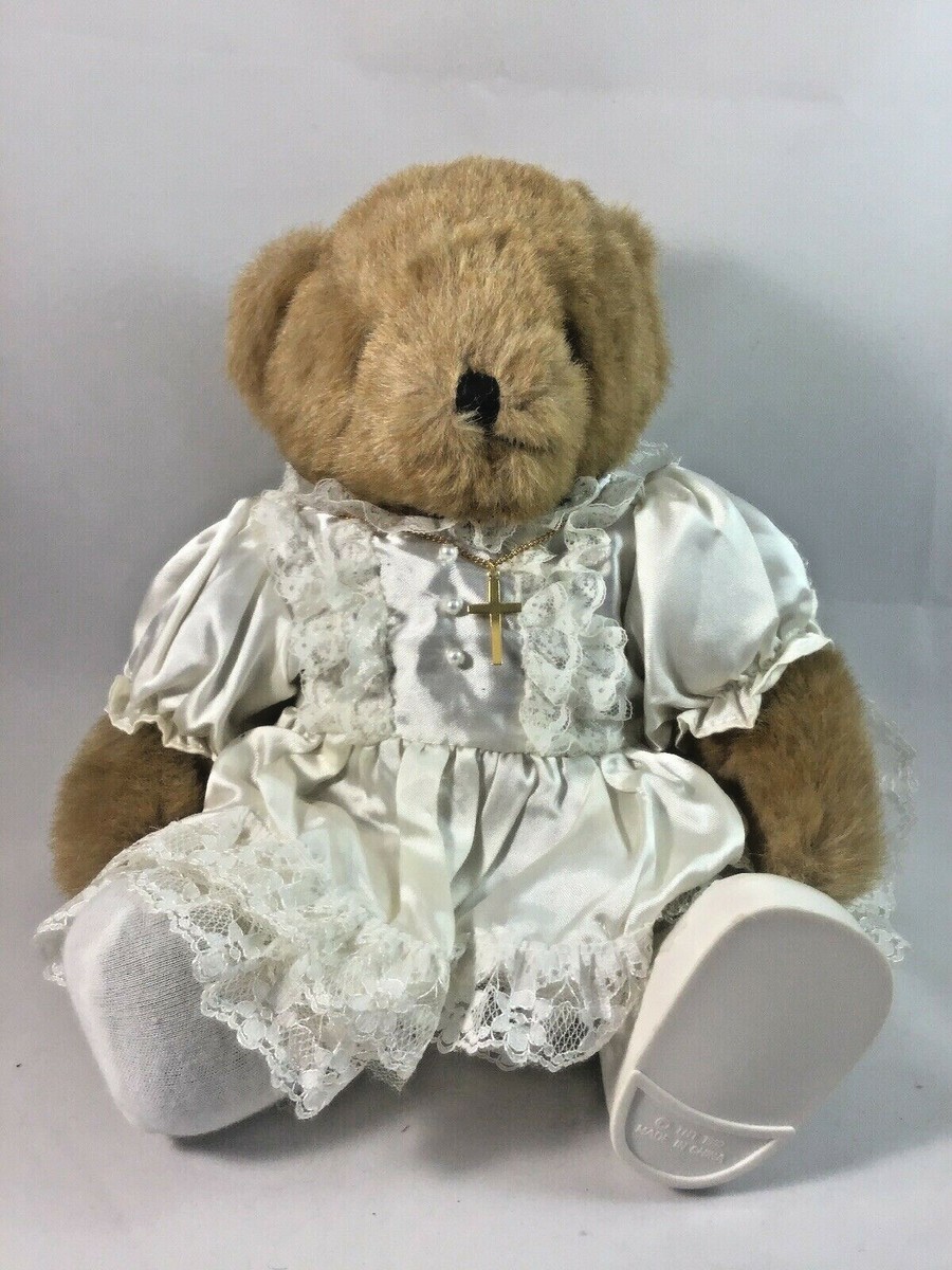 Tender Heart Treasure Jointed Bear with White Lace Dress Cross