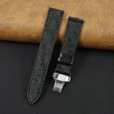 18mm Black Flat Ostrich Leather Watch Band Deployment Buckle Real Watch Strap
