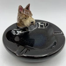 Vintage Ceramic Brown Terrier Dog Ashtray 3D Black Dish 5" Japan Redware