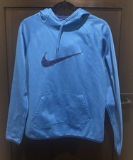 Nike Dri-Fit Pullover Hoodie Blue/Swoosh Women s Size Medium Thumb Holes Fleece