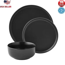 12-Piece Matte Black Dinnerware Set Stoneware Microwave Dishwasher Safe Modern