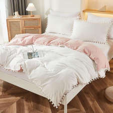 Reversible Pink Twin Duvet Cover Set with Pom Poms - Soft Boho Bedding