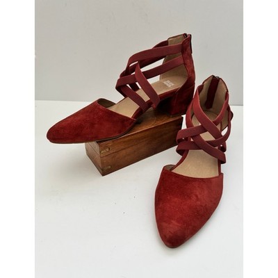 EILEEN FISHER Heels Women US 9.5 Red Suede Block Heel Ankle Strap