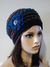 crochet handmade womans flower hat beanie sphinx blue puffs USA new
