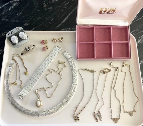 VINTAGE 1928 Costume LOT +Jewelry Box, Brooch Earrings Bracelet Sets Necklaces