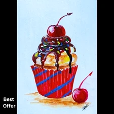 ACEO Original Food Cup Cake Christmas Pop Art Card Acrylic Hand Painting NEW
