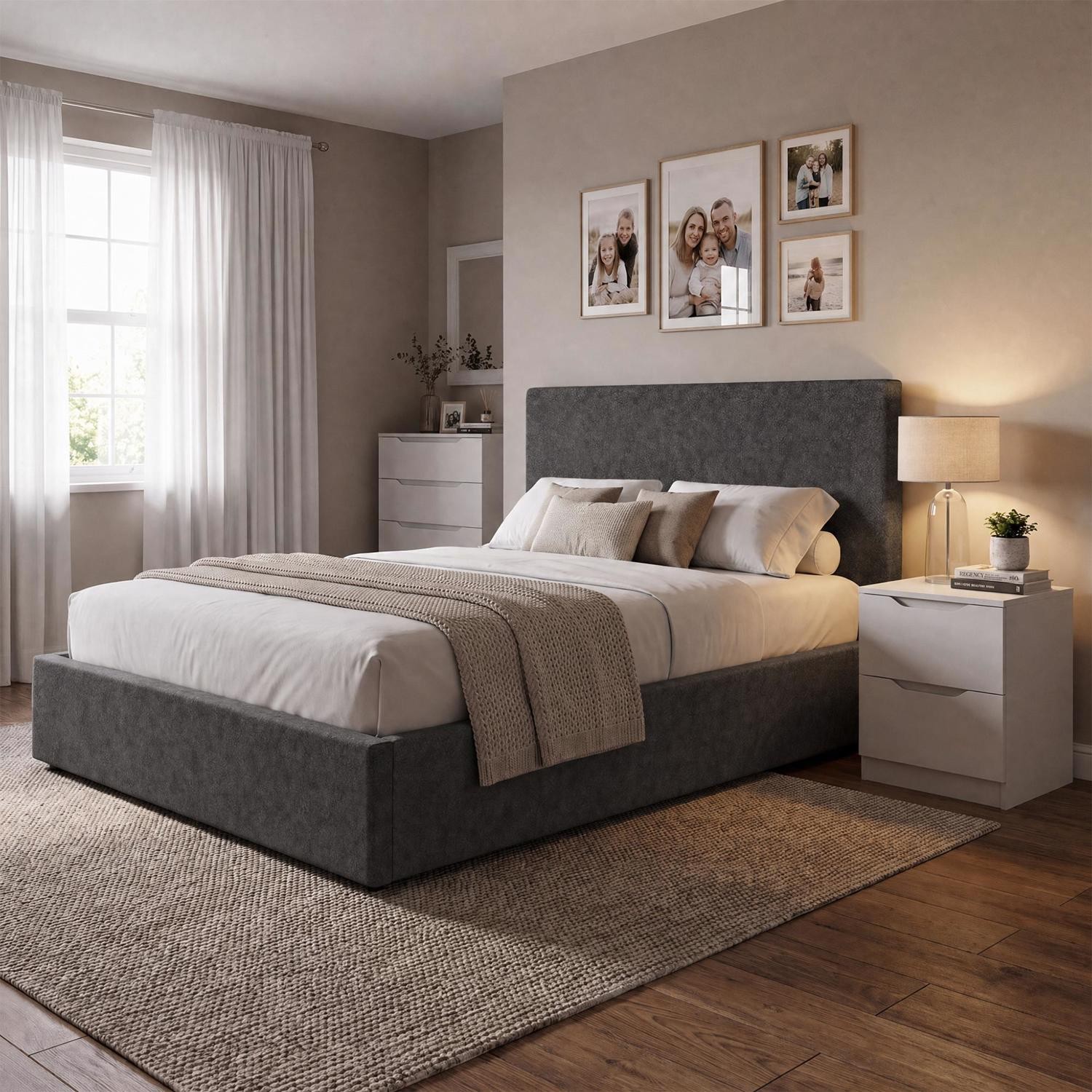 Fwstyle Rufford Grey Fossil Double Front Lift Ottoman Bed Frame With Padded Headboard - Image 2