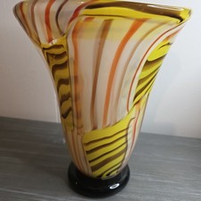 Hand Blown Murano Style Art Glass Vase Yellow Orange White Black