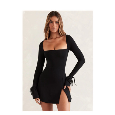 Oh Polly Black Modal Long Sleeve Bell Sleeve Square Neck Mini Bodycon Dress XS
