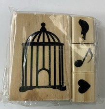 Michaels 4pc Mini Rubber Stamp Set Bird Cage Heart Musical Note NEW Sealed