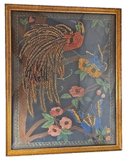 Vtg Crewel Needle Work Framed Tropical Bird Butterfly Floral Dark Moody 16x20