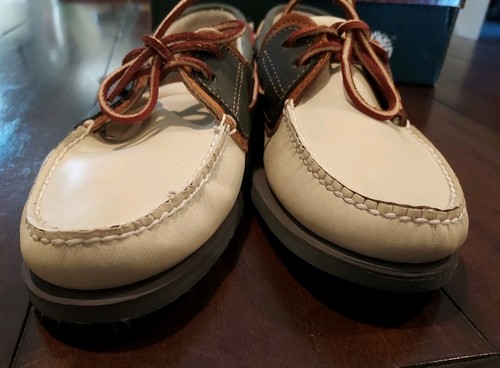 TIMBERLAND Men's 9 Boat Shoe Loafers Leather White Brown Charcoal Slip On Clean! - Picture 4 of 6