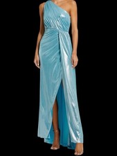 Mac Duggal Grecian Draped Ice Blue One Shoulder Metallic Dress Slit Formal Sz 6