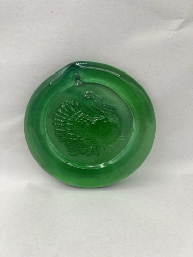 Vintage Turkey Thanksgiving Fall Green Pressed Glass Round Suncatcher 3.5"