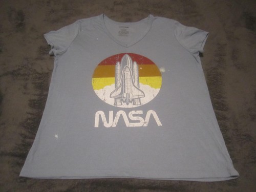 Fifth Sun Shirt Womens Large Blue NASA Space Shuttle V Neck Graphic Top Retro