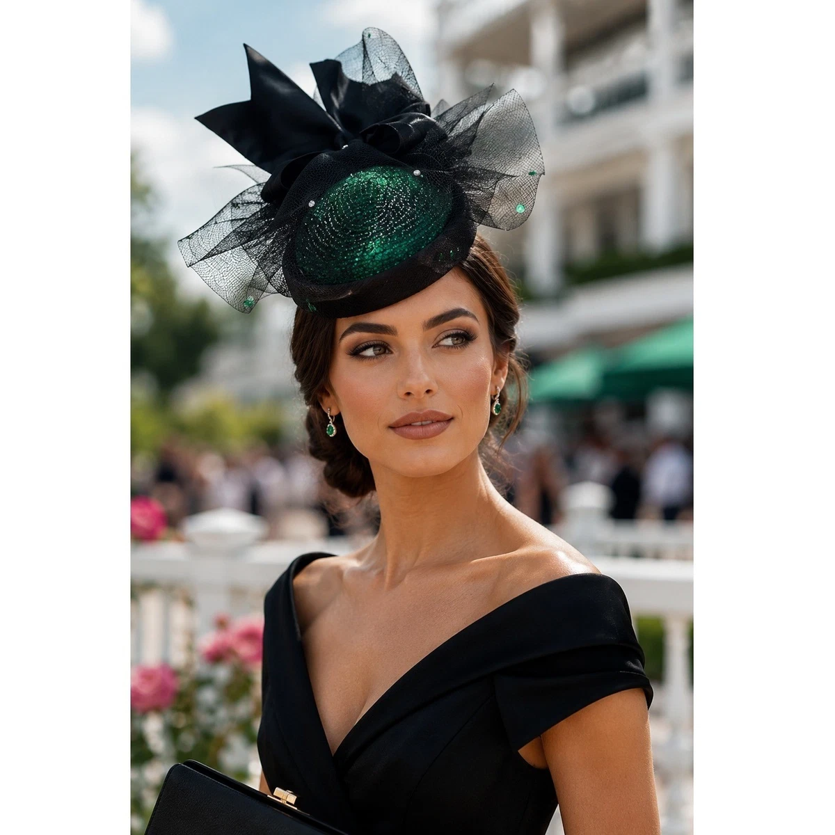 Vintage Green Sequin Pillbox Fascinator Hat Black Mesh Veil Large Bow Tea Party Tea Party Fascinator Pillbox Hat Feather Headband for  main image 4
