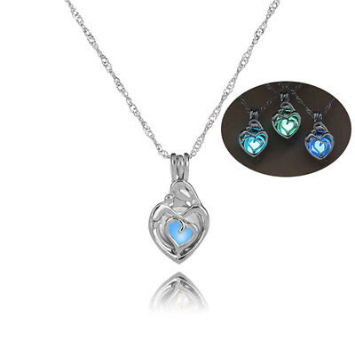 Luminous Crystal Magic Heart Hollow Locket Glow In Necklace Th Pendant Dark Y0L7